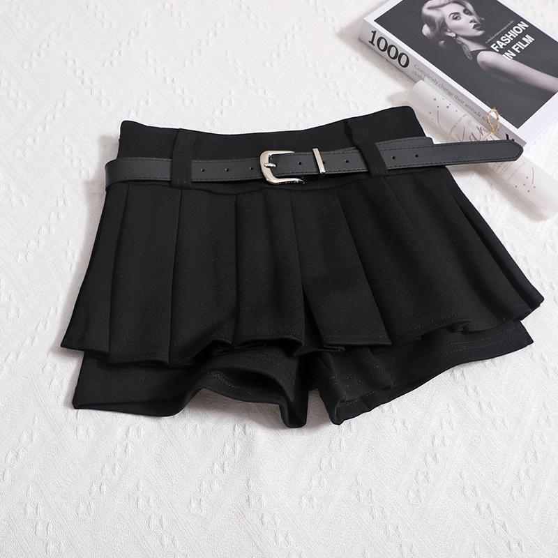Womens Shorts Autumn Winter Belt High Waist Fluffy Pleated A-line Skirt Korean Fashion Sexy Y2k All Match Clothes