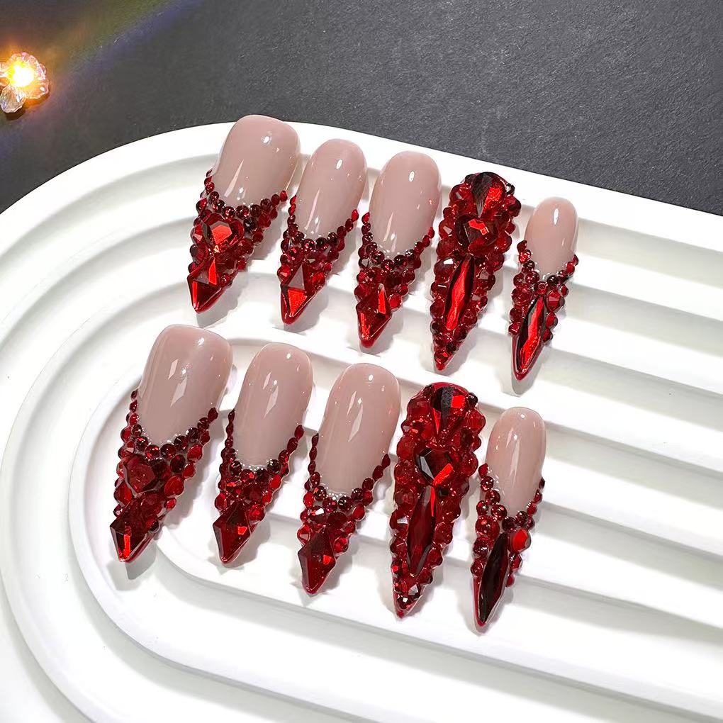 10Pcs Luxury Red Full Diamond Handmade Coffin French Tip Fake Nails Dazzling Press On Nails
