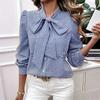 Elegant Women Casual Bow Knot Neck Long Sleeve Plaid Blouse Shirts