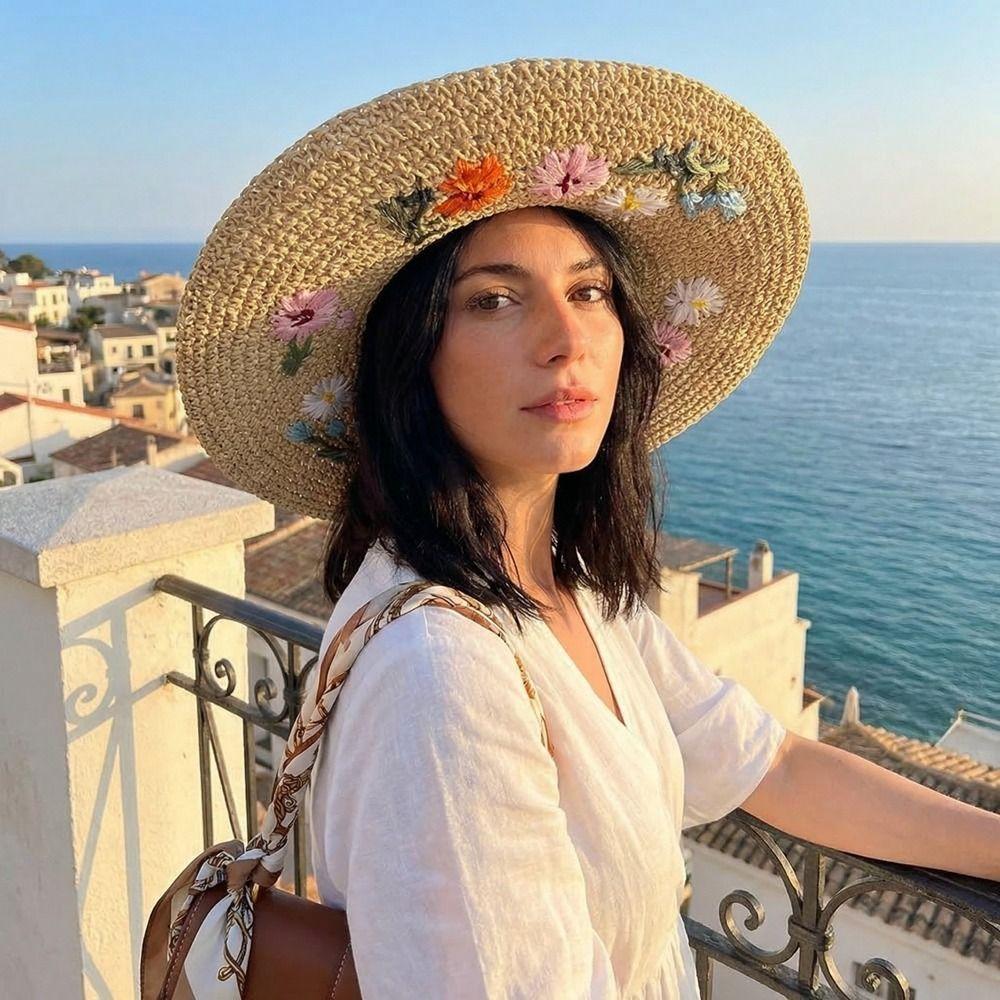 Embroidered Flower Weave Hat Boho UV Protection Cap Casual Beach Hat  Party