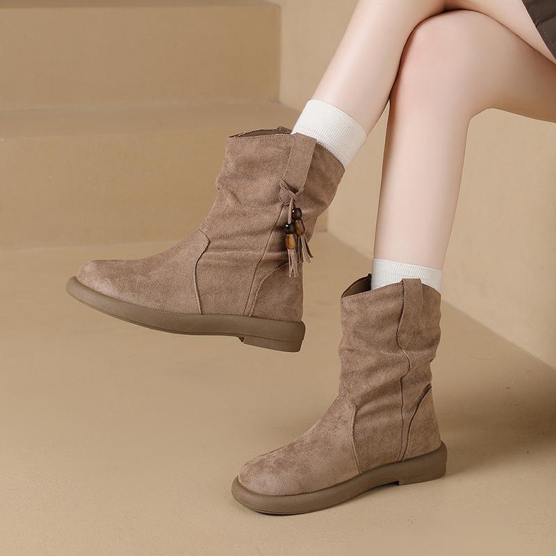 Fashion CRLAYDK Retro Women's Ankle Fold Boots Stylish Casual Bohemia Ladies Walking Outdoor Combat Bootie Suede Tassel Dress Shoes