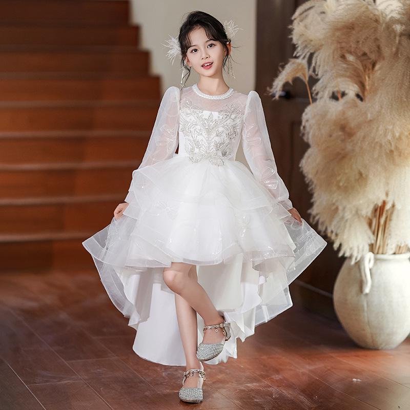 Children's High-End White Sequin Princess Dress - Short Front, Long Back, Perfect for Piano Performances, Weddings, and Autumn Flower Girl Events