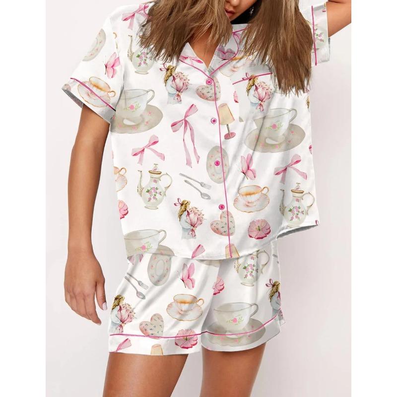 Bow Boots Print Satin Pajamas Short Set for Valentine's Day Satin Silk Pjs Sleepwear Loungewear Lounge Set