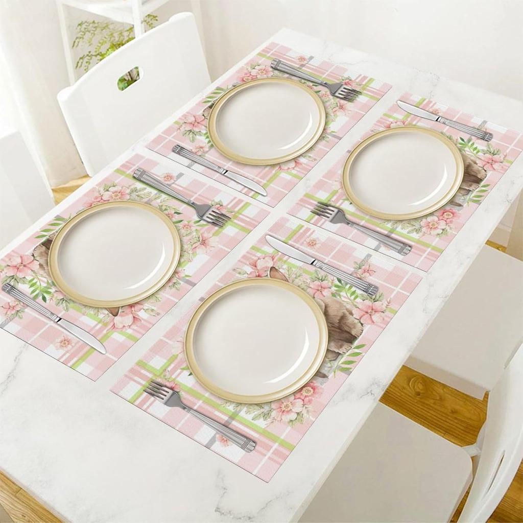4/6pcs Bunny Floral Plaid Print Single-Sided Easter Placemat Set for Spring Table Decor