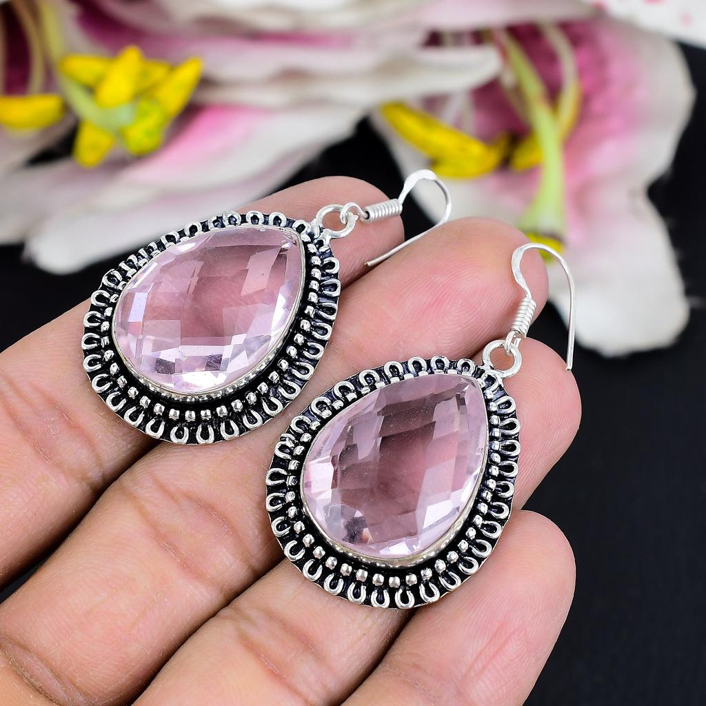 Pink Kunzite Gemstone Handmade 925 Sterling Silver Jewelry Earring 2.13" KG-1763