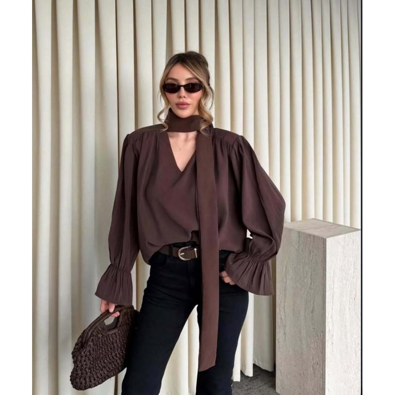2026 Womens Long Sleeve Blouse With Ruched Detail Tie-Neck Puff Slimming Fit Elegant Casual Shirt
