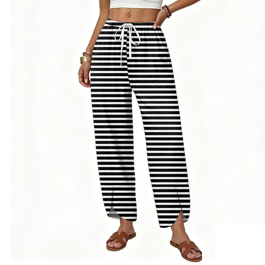 Women Casual Straight Leg Loose Fit Wide Leg Pants Button Detail Printed Pattern Drawstring Waistband Trousers