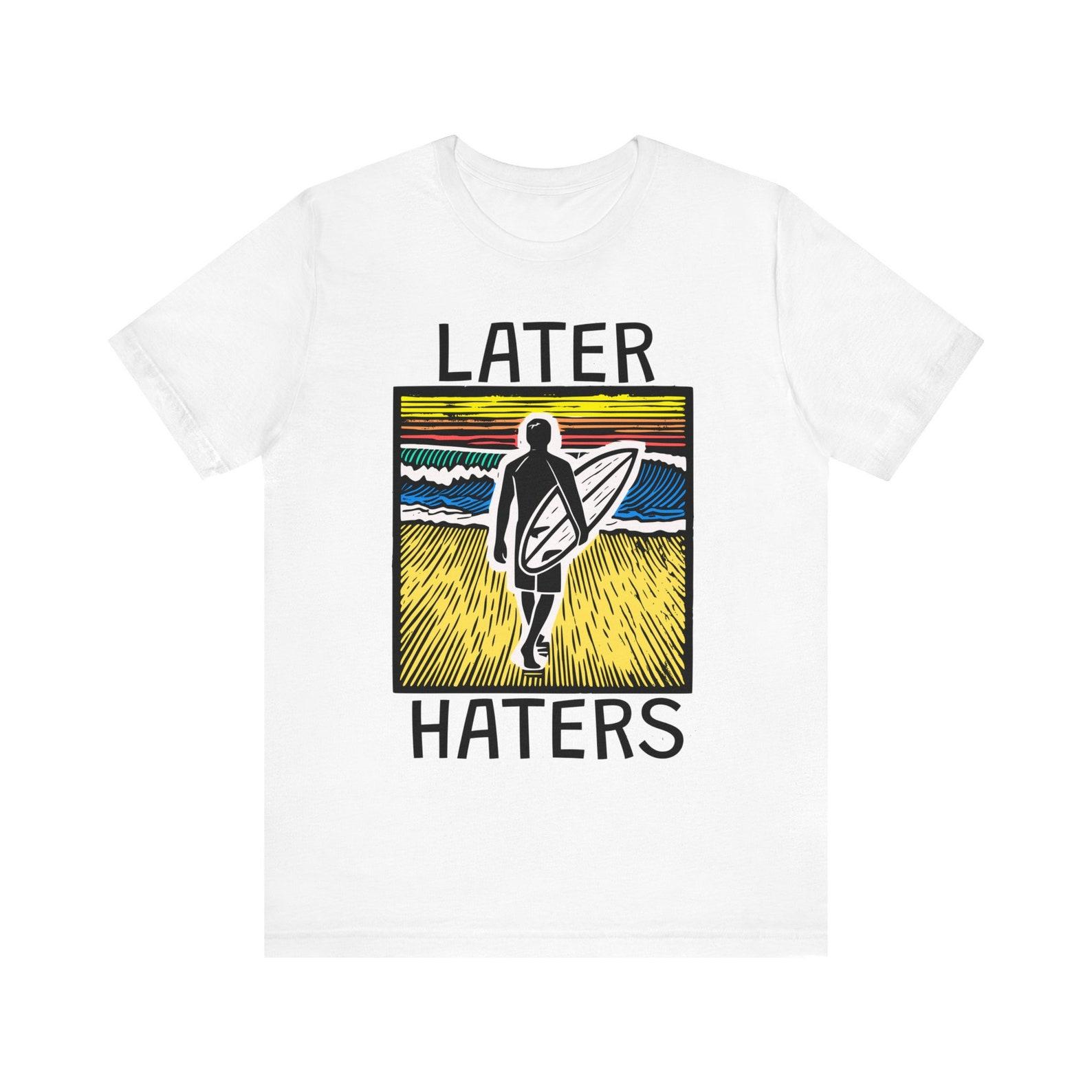 Linocut Surfboard T-Shirt: Later Haters Ocean Design 2XL