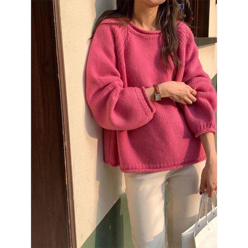 Curled French yellow crew neck sweater gentle and loose pullover new top lazy stick needle foreign style