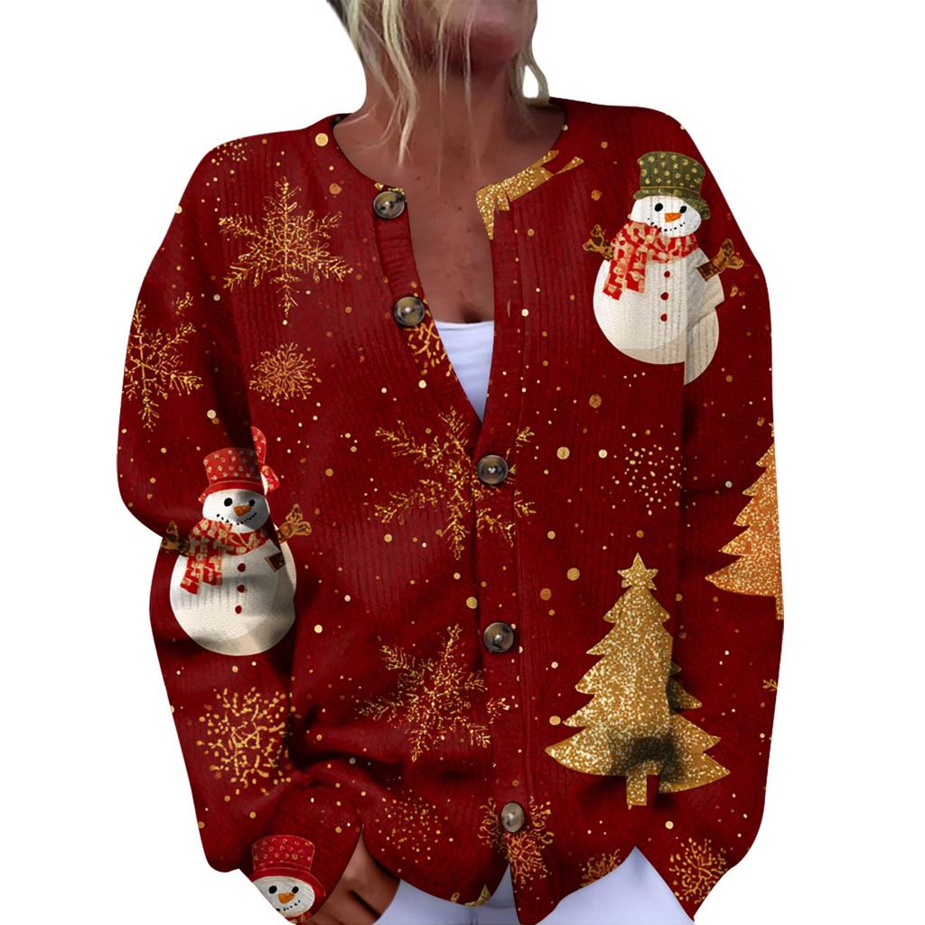 Women's Fashion Christmas Printed Long Sleeve Knitted Cardigan Button Down Jacket