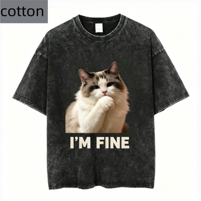 Vintage Wash Do Not Disturb Cat Graphic Tee Women Pure Cotton Retro Aesthetic Harajuku Streetwear Style Casual Fashionable Top