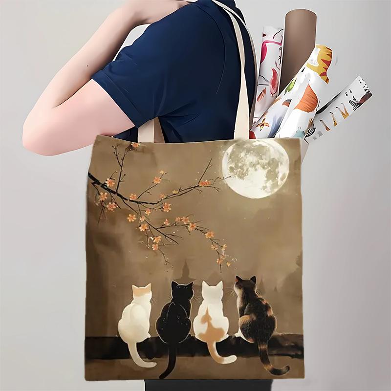 

Cute cat printed canvas bag shoulder folding tote bag shopping bag travel bag can be customized Regular style