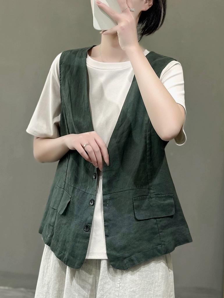 Women Linen Vest Summer Solid Color Sleeveless Waistcoat Single‑Breasted Button Casual Commuter Open Top