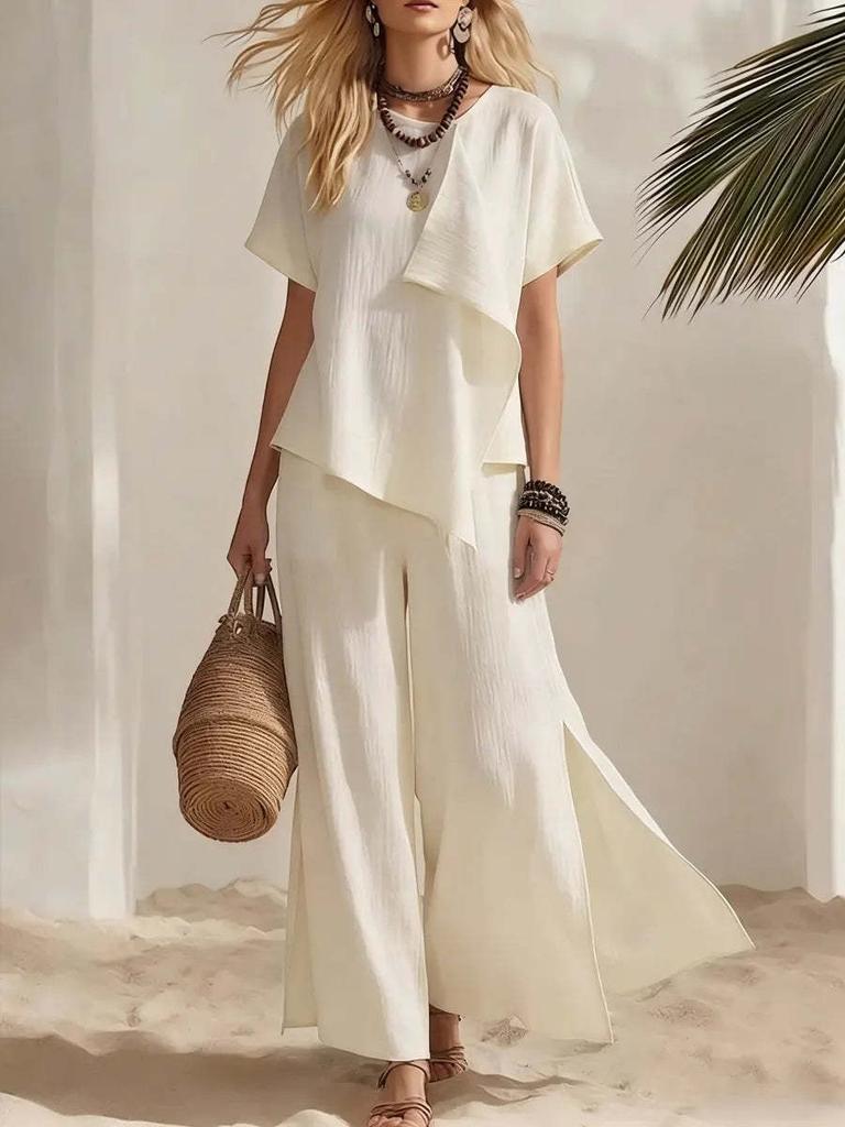 Women's Summer New Fashion Casual Irregular Short Sleeve Top Wide Leg Pants Set