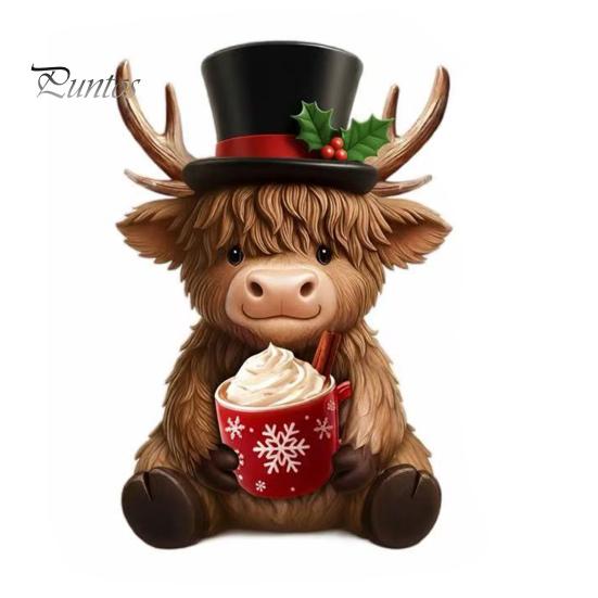 Niedliche Tier-Schreibtischdekorationen 2 Stück Weihnachts-Hochlandrind-Figuren, Harz-Weihnachtsmann-Rentier-Kuh, mit Hut, Dekorative Sammlerstücke für den Innenbereich Heiß