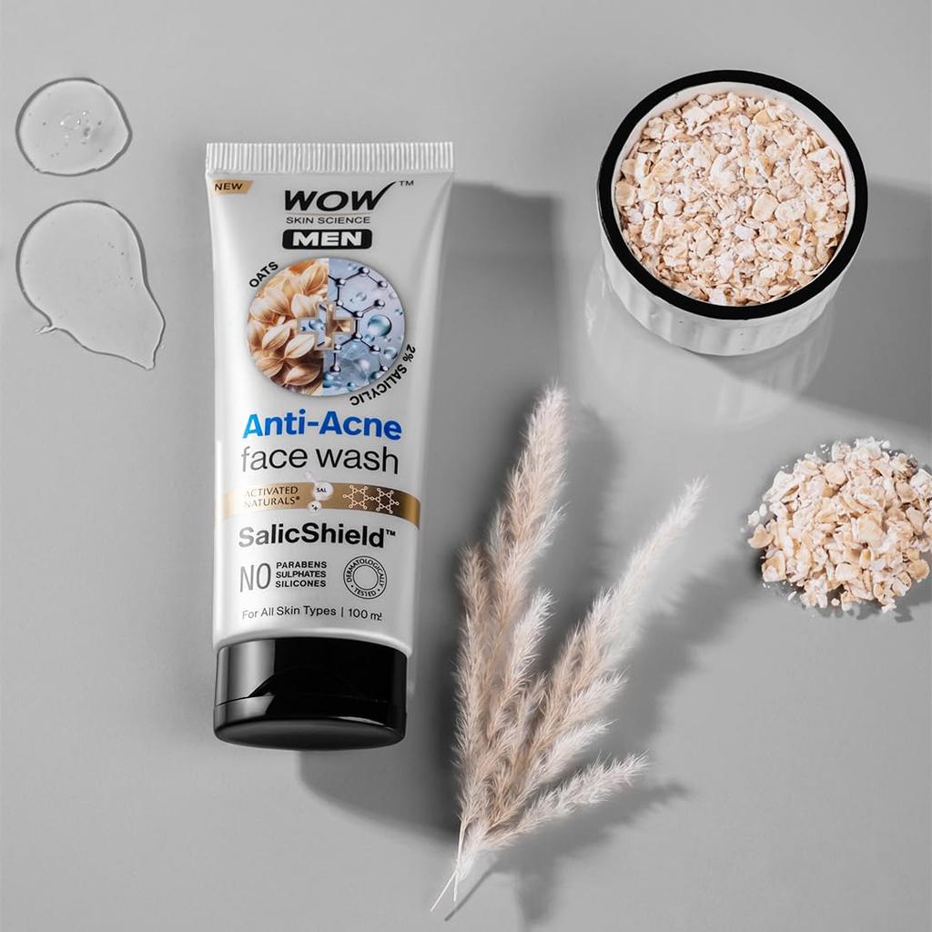 WOW Skin Science Men Anti Acne Face Wash With Oat Extract And 2% Salicylic Acid | Targets Breakouts And Oil Control | 100 Ml
