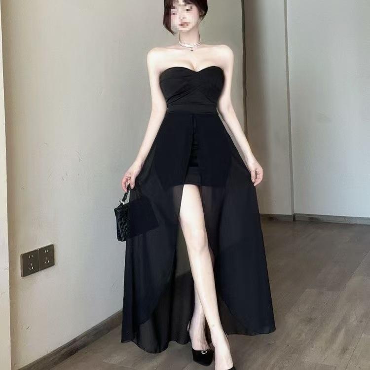 French Style Pure Desire One-word Shoulder Tube Top Super Fairy White Dress Irregular Mesh Exposed Legs Design Hip-wrapped Long Dress