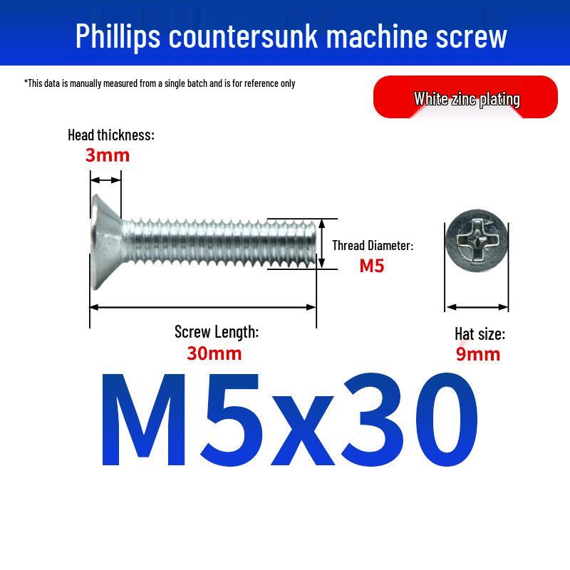 White Zinc Plated Cross Recessed Countersunk Head Screws & Bolts, Machine Thread, M3-M12