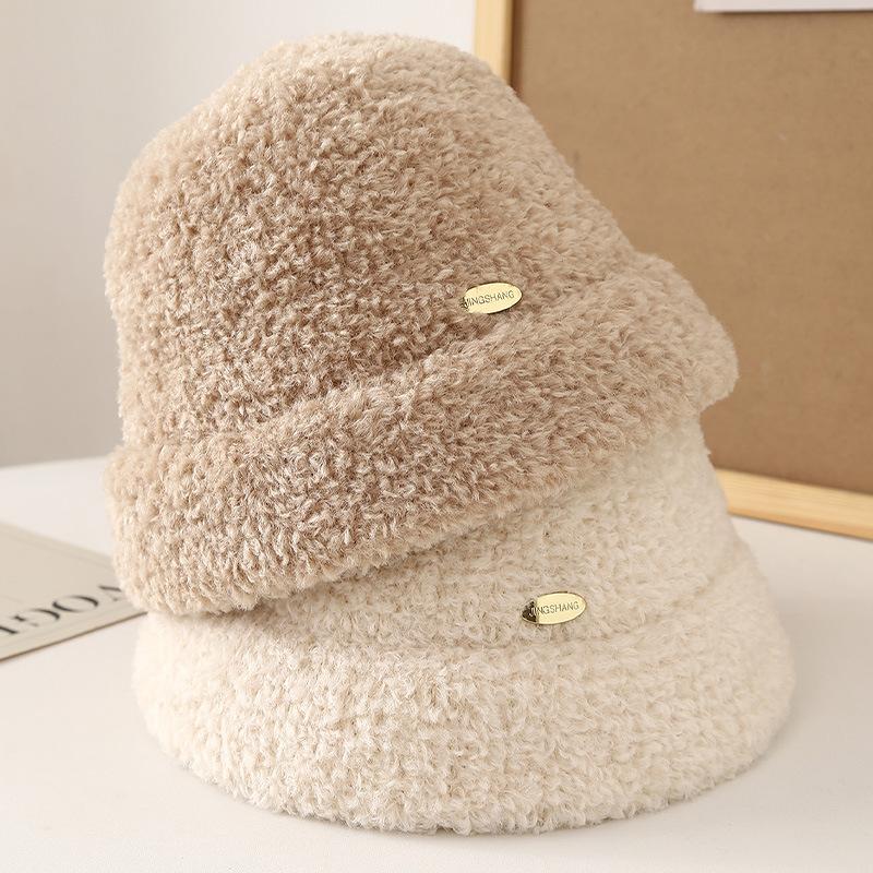 Small Label Thick Simple Lamb Wool Bucket Hat Basin Hat Women's Autumn and Winter Outdoor Warm Windproof Cold Bucket Hat