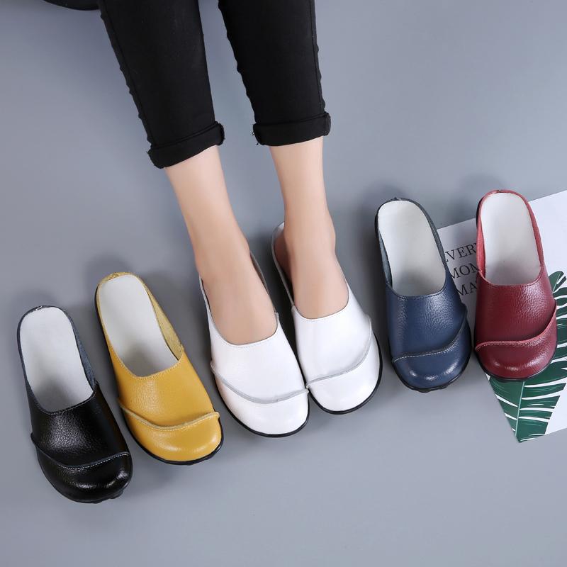 Women's Round Toe Half Slippers Leather Shoes Comfortable and Lightweight Slingbacks Shoes Elegant Solid Color Mule Shoes