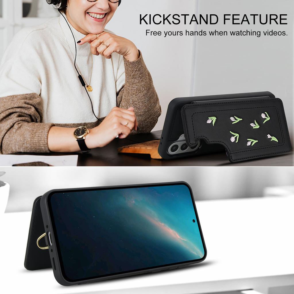 For Samsung Galaxy A36 5G/A56 5G Case Embroidered Tulips PU Leather Card Holder Back Cover with Shoulder Strap/Wrist Strap