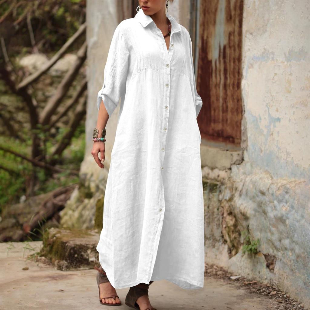 Women's Fashionable V-neck Cotton And Linen Loose Long-sleeved Shirt Dress