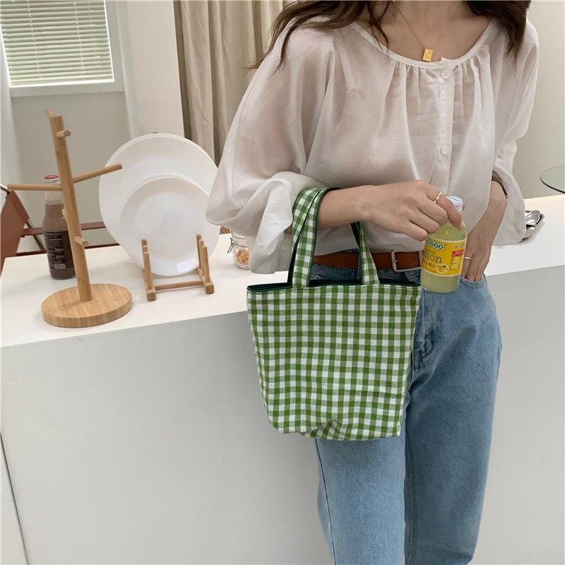Versatile Double-sided Checkered Canvas Bag Stylish Handheld Tote For Students