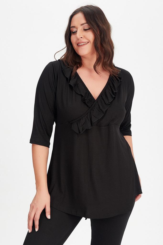 Dámská velká velikost Blůza Černá Plus Size Dvouřadová Blůza s volánkovým límcem a tříčtvrtečním rukávem