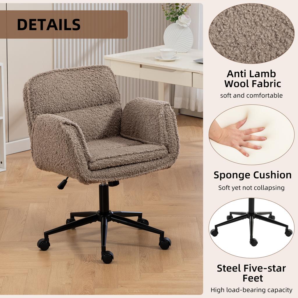 Criss-Cross with 5-Gear Adjustable Armrests and Casters, Thickened Backrest Swivel Desk Chair for Home Office, Bedroom and Living Room, Teddy Fleece