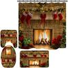 4PCS Christmas Fireplace Shower Curtain Sets, Christmas Tree Stocking Shower Curtain Sets with Rugs, Toilet Lid Cover and Bath Mat for Bathroom Set