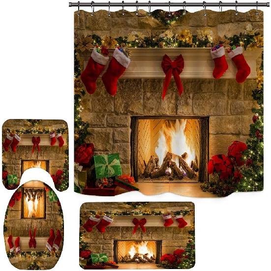 4PCS Christmas Fireplace Shower Curtain Sets, Christmas Tree Stocking Shower Curtain Sets with Rugs, Toilet Lid Cover and Bath Mat for Bathroom Set