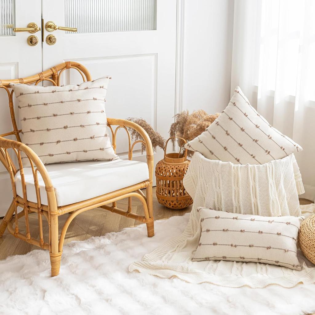 Boho Throw Pillow Covers 18x18 Set of 2 Modern Farmhouse Decorative Cushion Case Tufted Square Pillows Cover Neutral Pillow Cases Accent Pillowcase