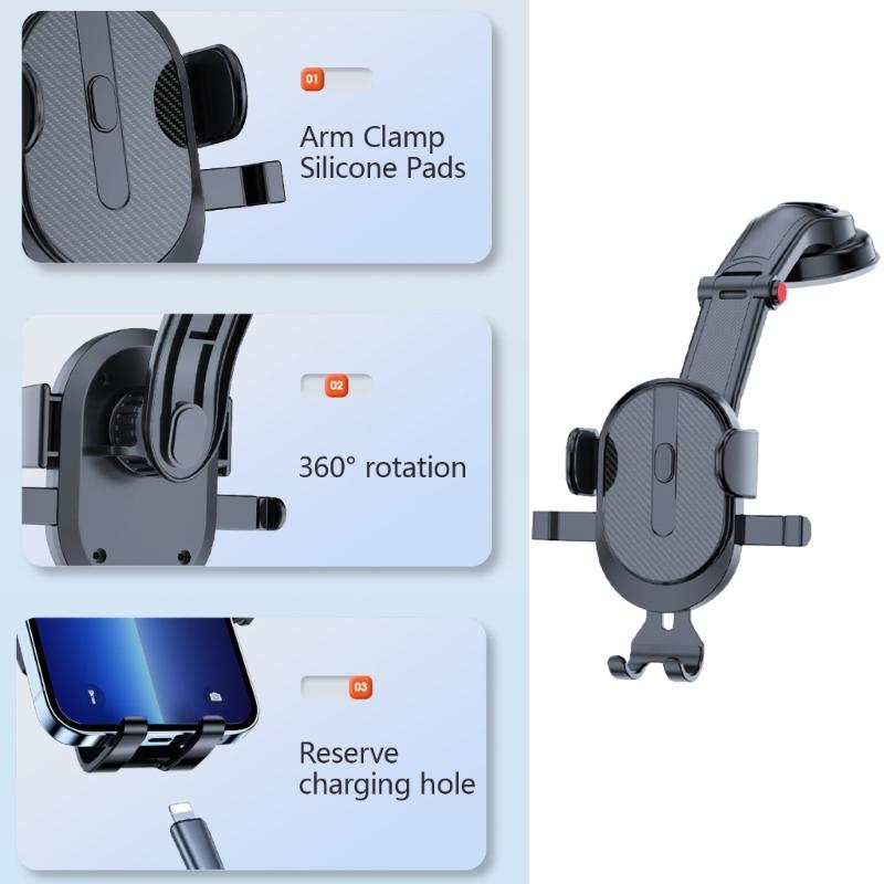Car Phone Holder Dashboard Mount Cellphone Stand Auto Clamping 360 Degree Rotating Holder Suction Cup Automotive Cradles