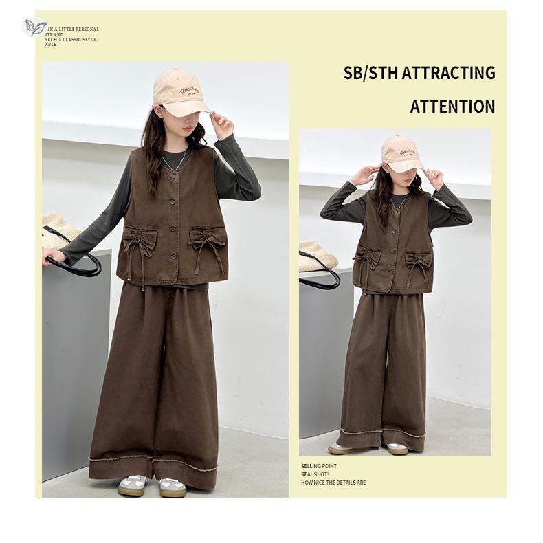 Meilade Girls' Autumn 2026 Three-Piece Set: Bowknot Vest, Base Layer Shirt, Wide-Leg Pants for Medium and Older Kids.