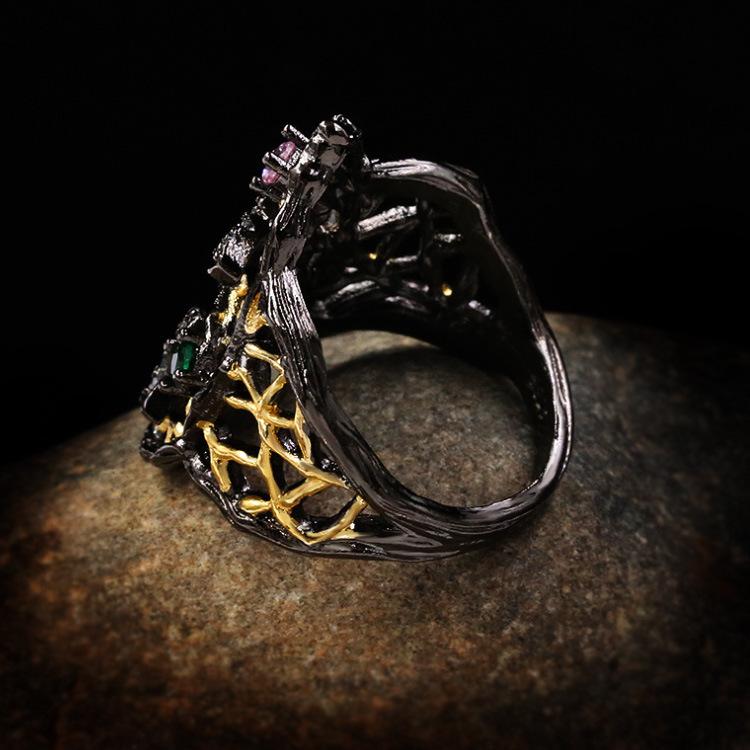 2026 Black Gold Three-piece Multi-color Natural Stone Geometric Two-color Flower Ring Necklace Earrings Jewelry Set