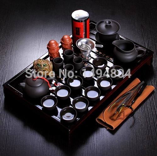 Chinese kung fu tea set porcelain tray purple grit ceramic teapot for the tea cups with saucers solid wood the tea pot 26pcs
