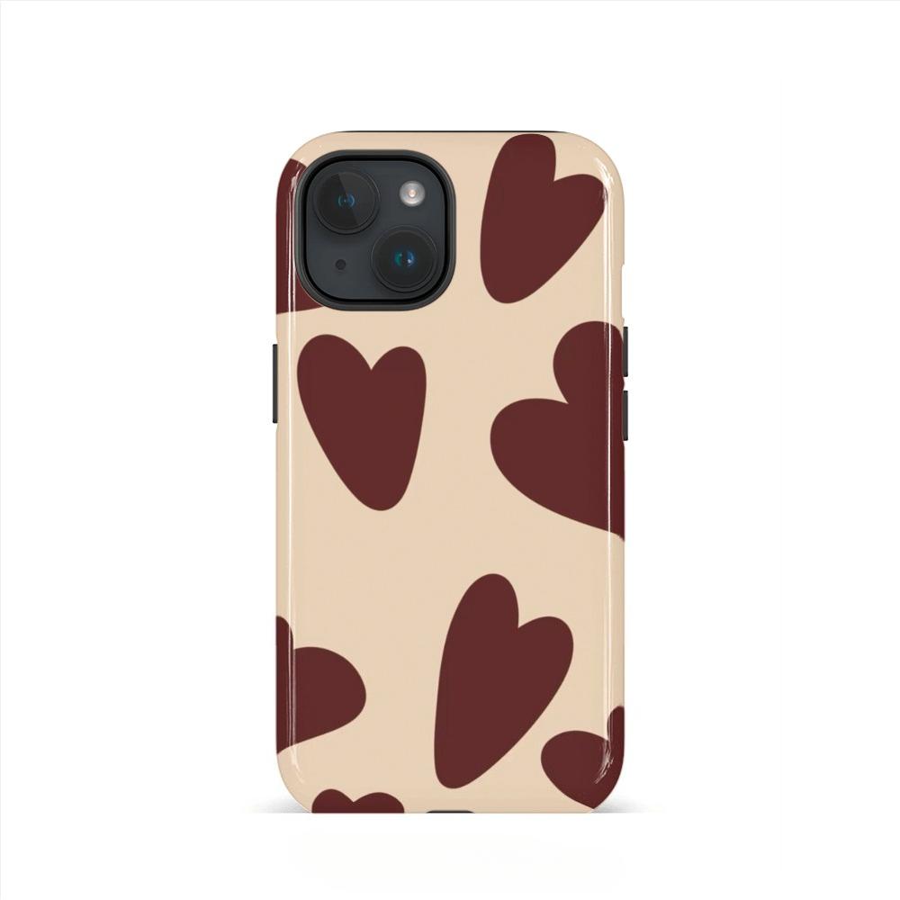 Red Brown Heart-shaped Fashionable Phone Case Suitable for iPhone17, 16, 15, 14,13Pro/Max/Plus Anti Drop Double-layer Back Cover