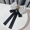 Vintage Plaids Ribbon Bowknot Brooch Pin Rhinestones Bowtie for Women Shirt Jabot Collar Pretied Necktie Clip Neckpiece