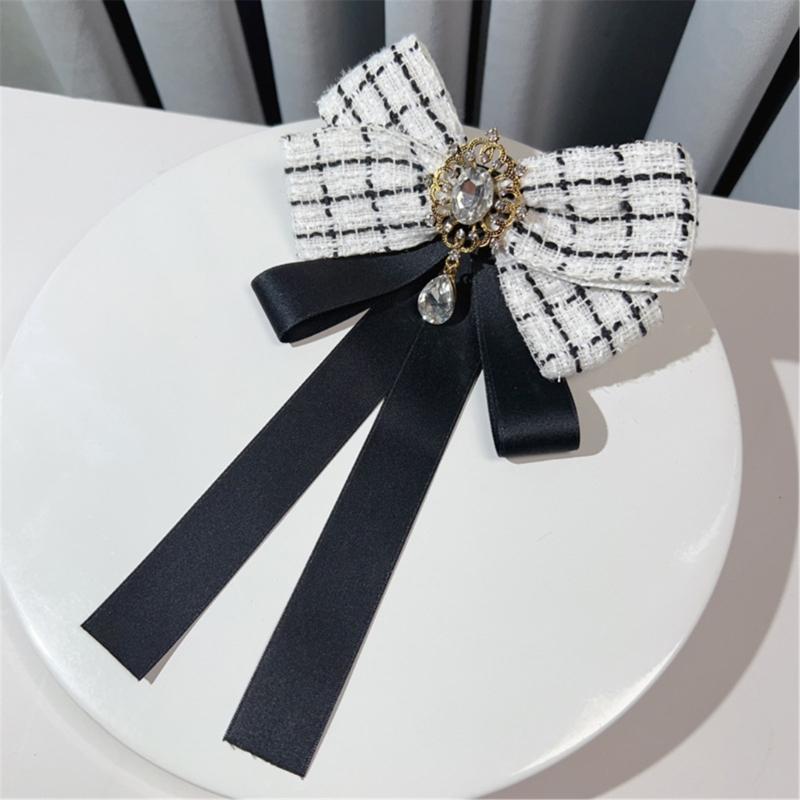 Vintage Plaids Ribbon Bowknot Brooch Pin Rhinestones Bowtie for Women Shirt Jabot Collar Pretied Necktie Clip Neckpiece