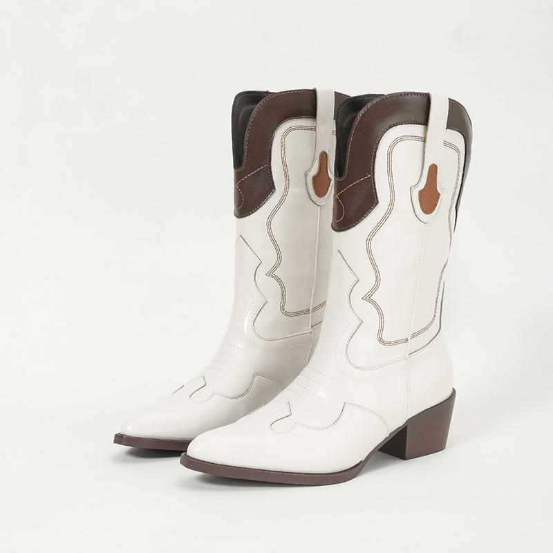 Martin boots women's autumn new pointed embroidery thread color matching thick heel medium heel short tube ZR western cowboy boots