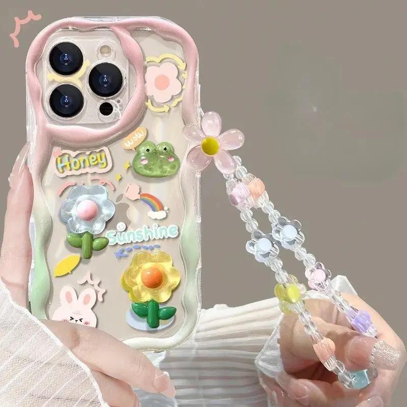 3D Pink Flower Phone Chain Clear Case for Samsung Galaxy S26 S25 Plus S23 S24 Ultra FE S25FE A57 A37 A17 A56 A16 A55 A54 A15 5G