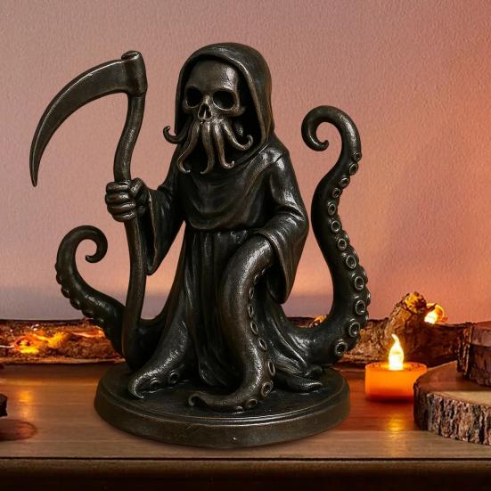 Halloween Grim Reaper Octopus Statue Gothic Black Robe Skeleton Figurine Holiday Party Decoration Skeleton Ornament with Octopus Tentacles