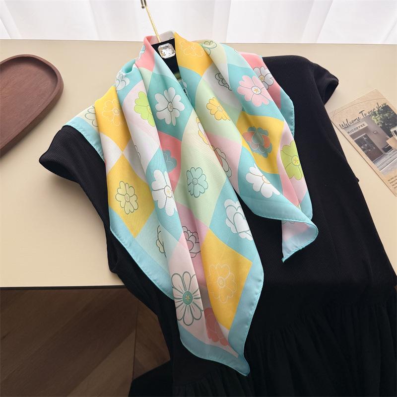 Literary Floral Simulation Silk Printing Silk Scarf Small Square Scarf High-end Shawl Sunscreen Neck Scarf Headscarf Scarf Women