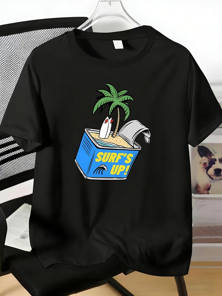 Surfs Up Tin Can Palm Surfboard Art Print Unisexs Crew Neck Short Sleeve Casual Basic Summer Daily Soft Comfort Fit Wear Tee Shirt