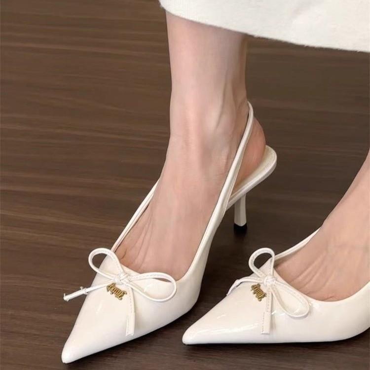 Baotou Back Empty High Heels Women's Bow Sandals Patent Leather Single Shoes Women's New Metal Buckle Pointed Head