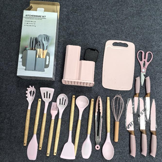 

19-Piece Silicone Kitchenware Set with Storage Bucket and Oak Handle Utensils 19-Piece Set (Beige)