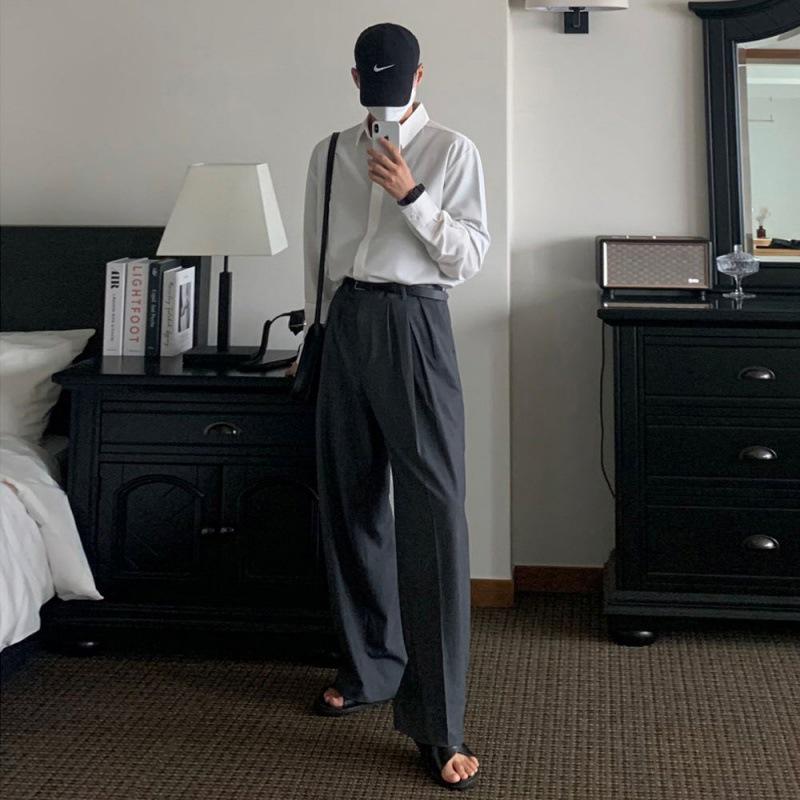 

Мужские брюки MYQ на весну/лето свободного кроя с широкими штанинами и драпировкой - корейский тренд, повседневные брюки длиной до пола M серый