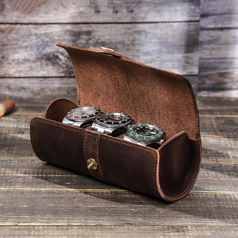 Vintage Genuine Leather 3 Slot Watch Roll Travel Case Portable Watch Display Case Watch Storage Organizer Box Men Gift