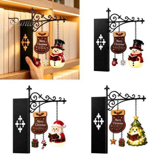 Creative Bookshelf Display Lamp Christmas Hanging Light, Snowman Book Nook Lamp, Metal Decorative Supports Floating Library Lantern Decor, Holiday