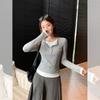Flower ash fake two-piece splicing V-neck long-sleeved T-shirt women's autumn new slim-fitting and thin button-bottomed shirt top